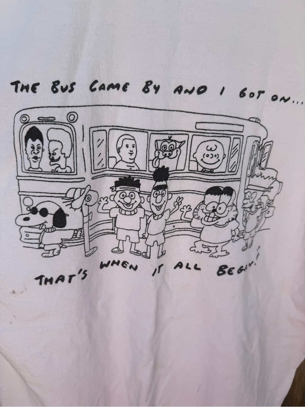 Gildan White Short Sleeve Graphic Tee - Black Cartoon Bus Design